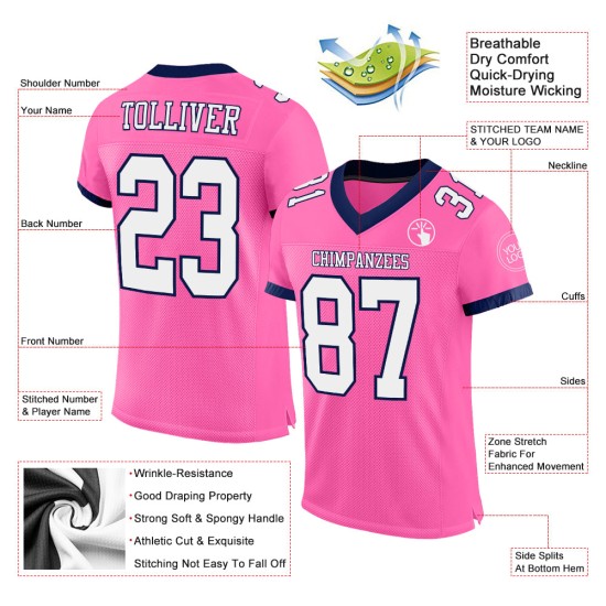 Maillot de football authentique personnalisé en maille rose, blanc et bleu marine