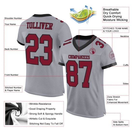 Maillot de football authentique personnalisé gris cramoisi-noir en maille