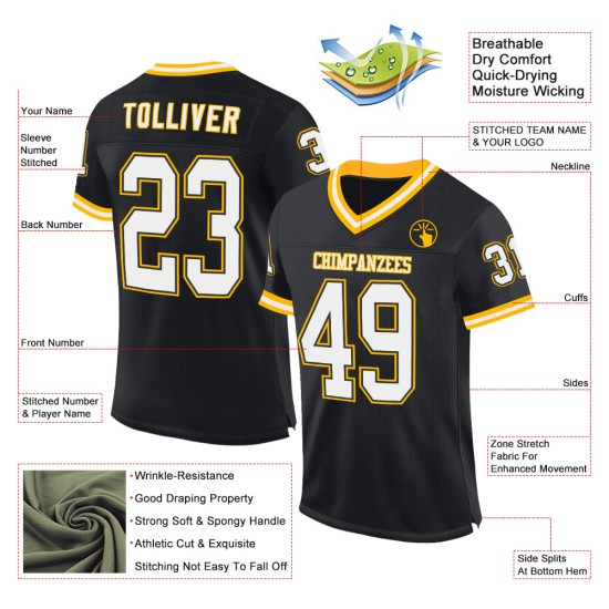 Maillot de football rétro authentique en maille noire, blanche et dorée, personnalisé