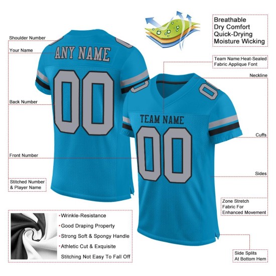 Maillot de football authentique personnalisé Panther bleu gris clair et noir en maille