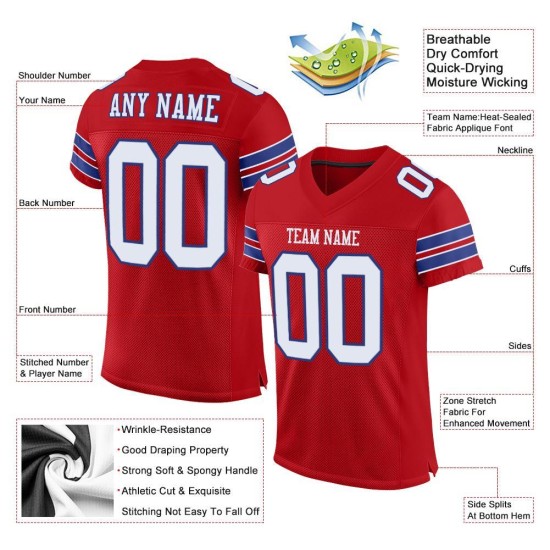 Maillot de football authentique personnalisé en maille rouge, blanc et royal